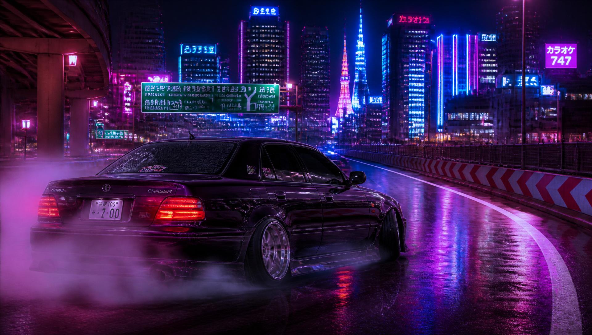 Chaser JZX100 drifting through neon Tokyo streets